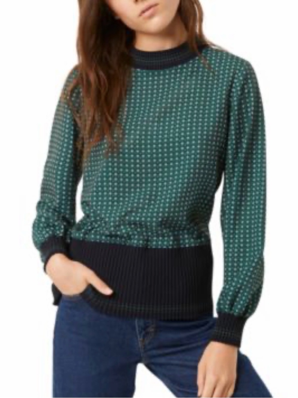 French Connection Dark Blue Ribbed Sweater with Forest Green Floral Lining